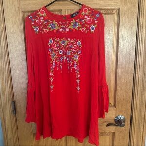 GiGiO USA Red Embroidered Rayon Bell Sleeve Tunic/dress. Size Medium